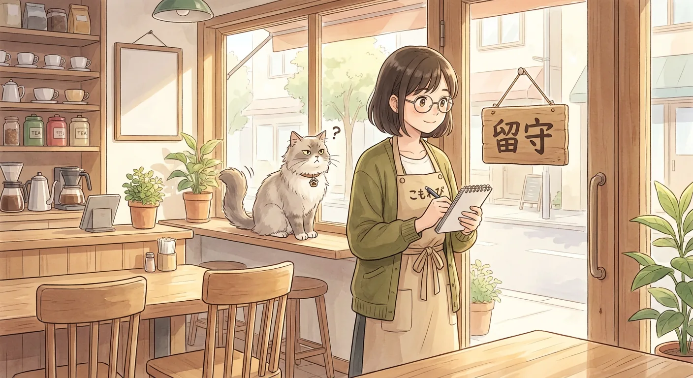 Aki is relaxing on an outdoor terrace at the café, with Mugi sleeping peacefully at her feet.