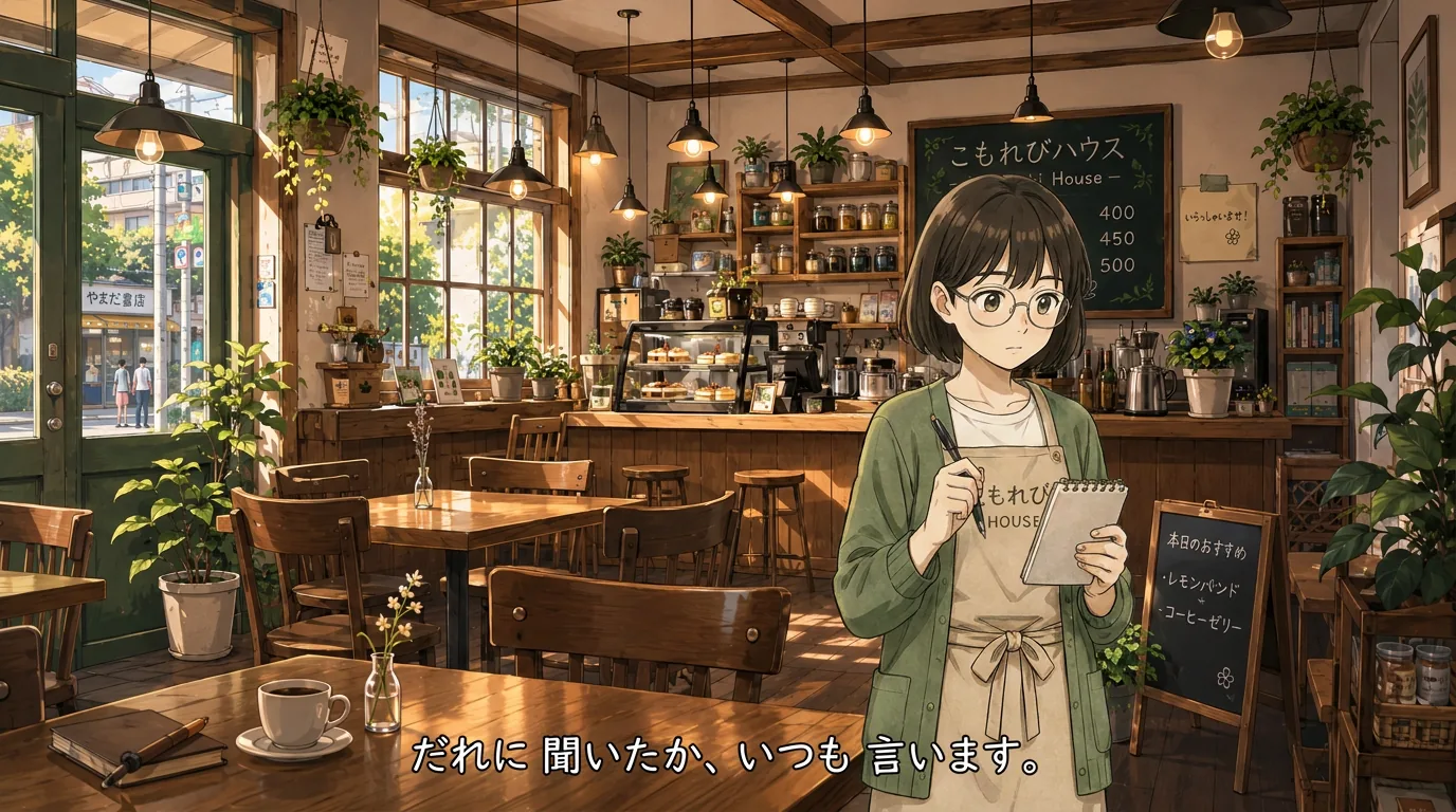 Aki stands in the café holding her phone, looking thoughtful as she speaks to someone off-screen.