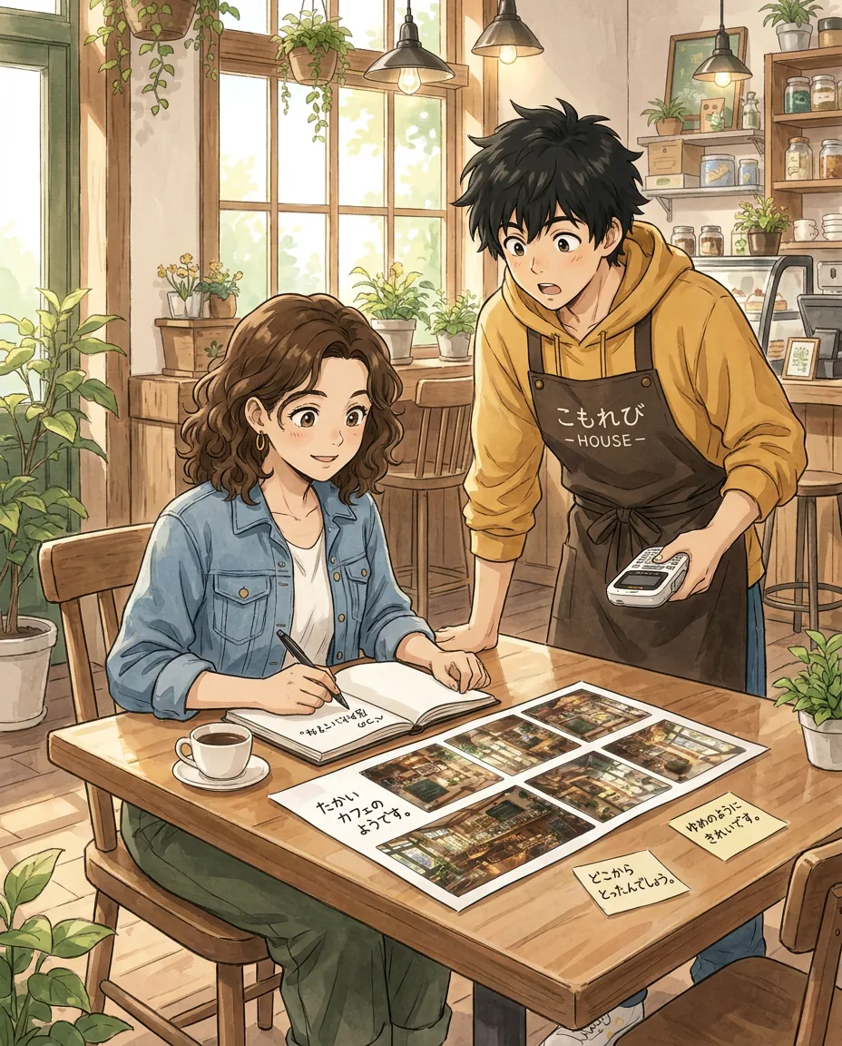Maya and Ren are gathered around a table, looking at a sheet of printed photographs with puzzled expressions.