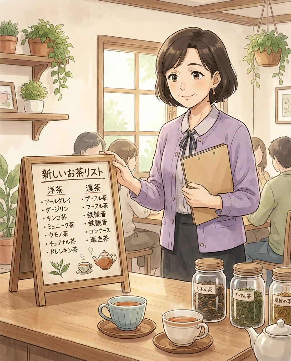 Sato sits by the window in the café, a cup of tea in front of him, watching rain fall outside.