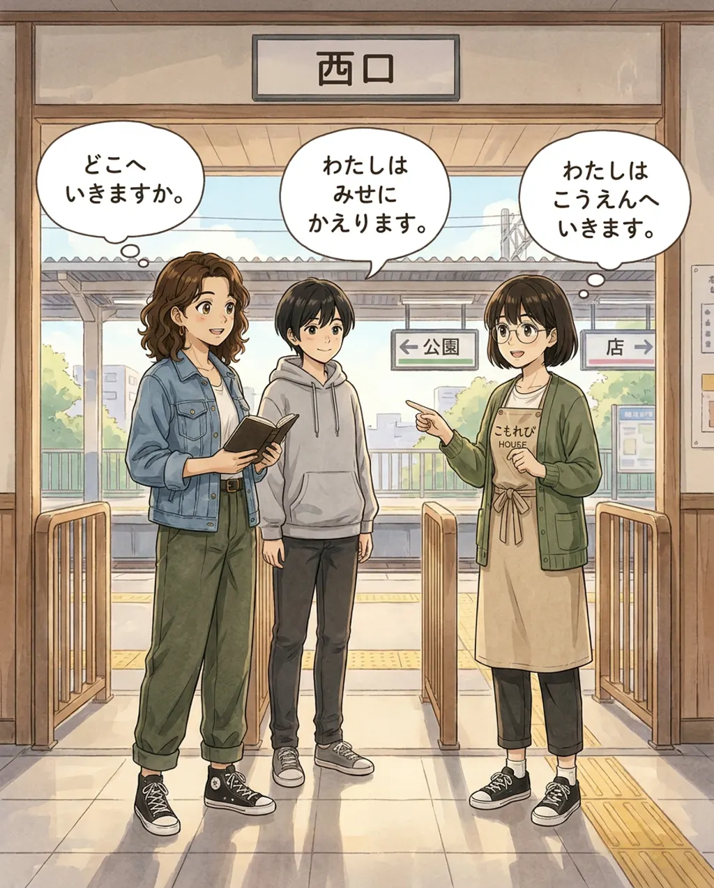 Illustration of Mizuhana station's west exit: Maya, Ren and Aki stand at the gates naming three different destinations, with arrow signs to the park and the shop behind them.
