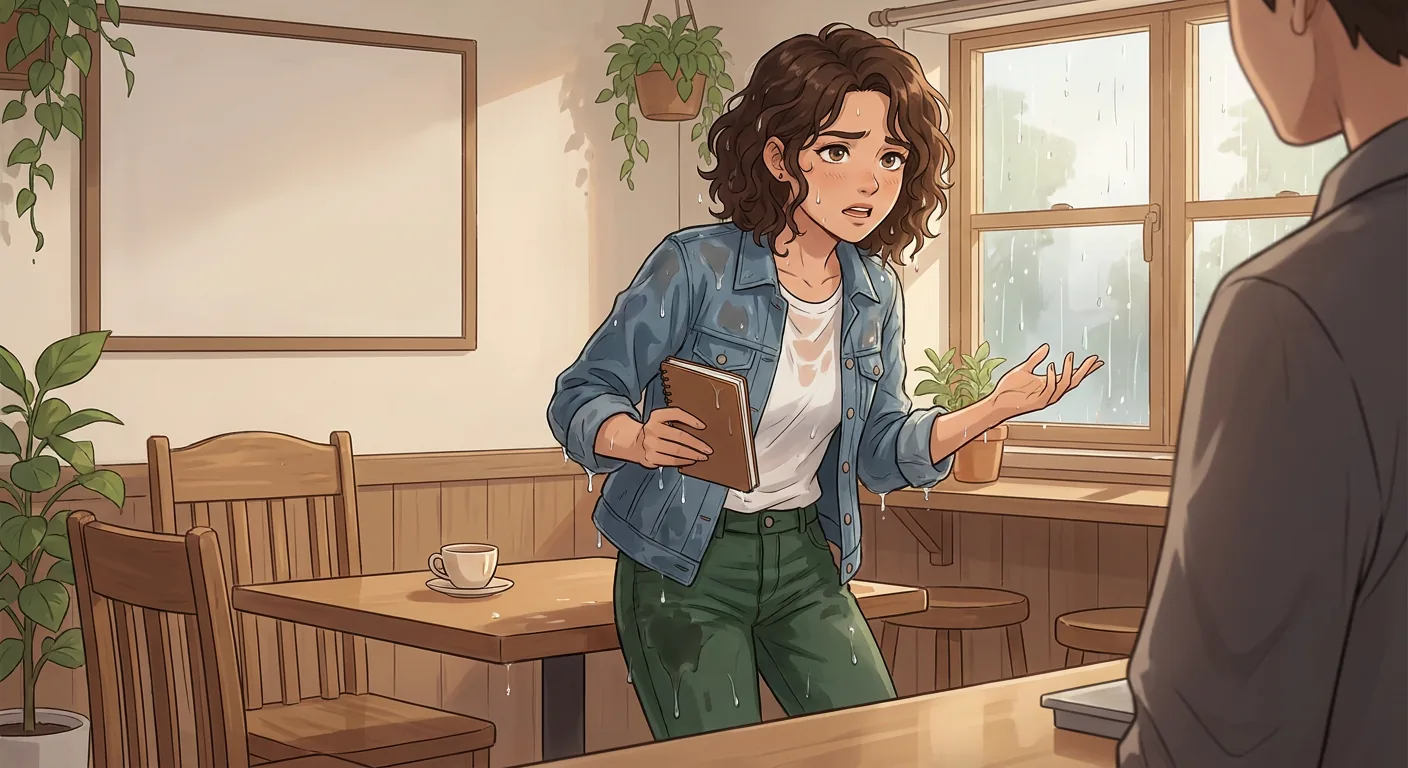 Maya sits in the café with a bicycle helmet on the table next to her cup of coffee.