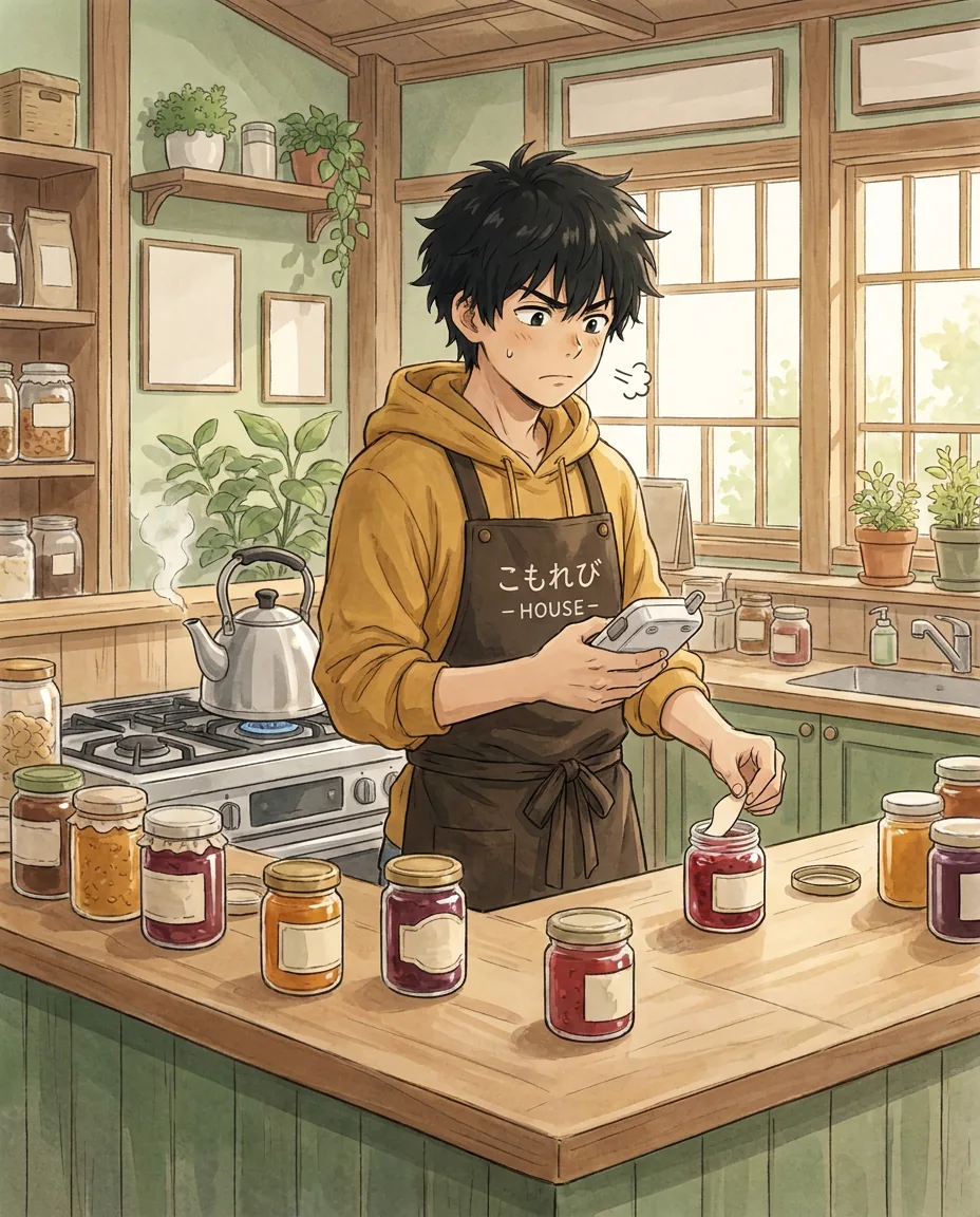 Behind the counter at the Komorebi House café, Ren is carefully polishing a wine glass with a cloth.
