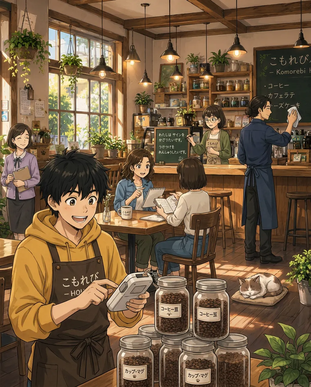 Illustration of Komorebi House café: Aki Mori and Maya Torres and Ren Nakamura and Haru Kondo. Everyone picks an extra Open Day task, including the learner.