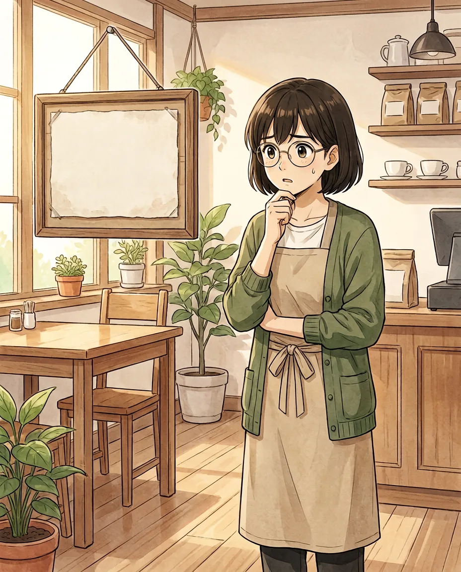 Inside the Komorebi House café, Aki points at a wall calendar with a thoughtful expression on her face.