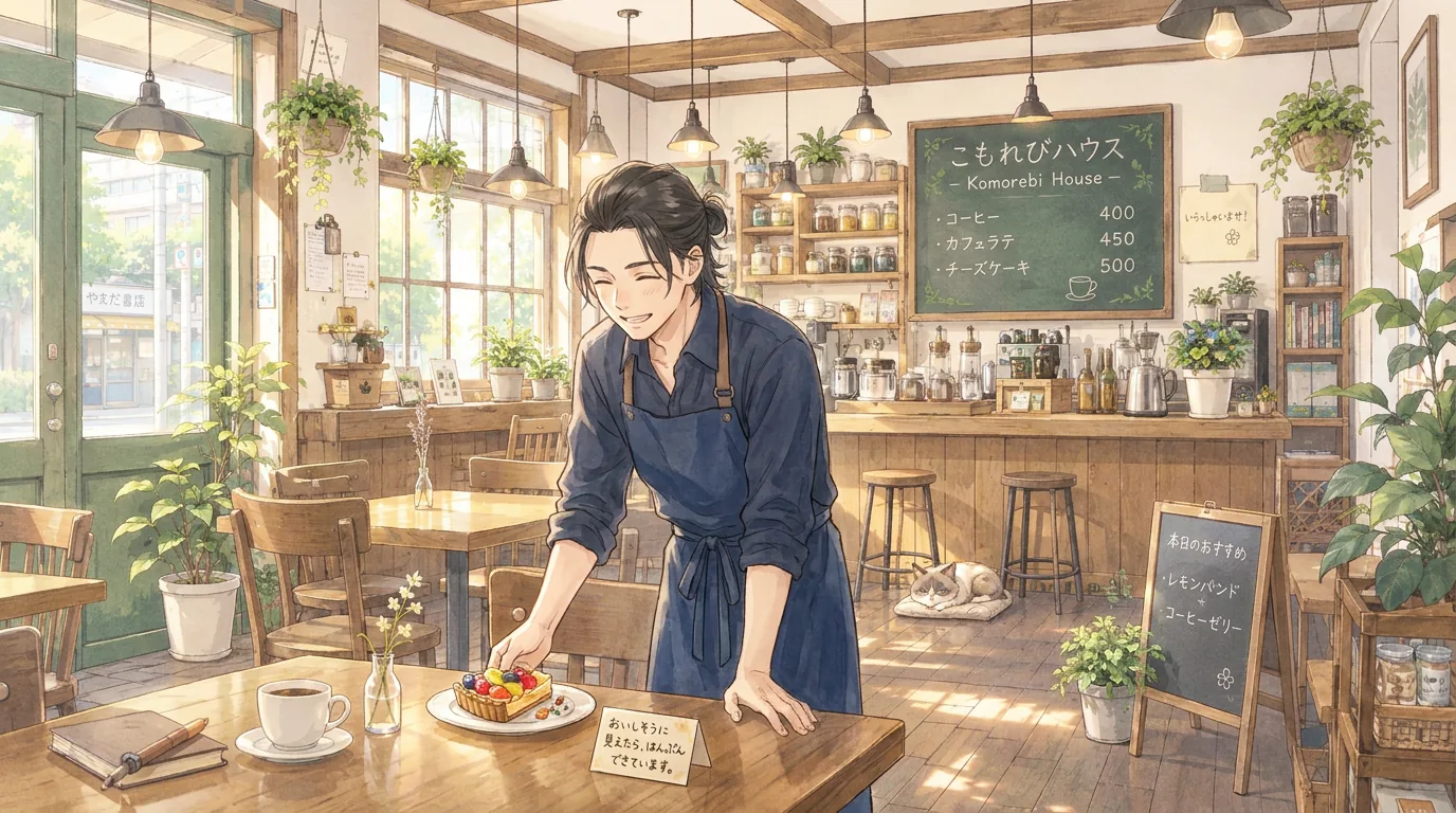Haru gestures proudly towards his pastry, which now has a small bite taken out of it.