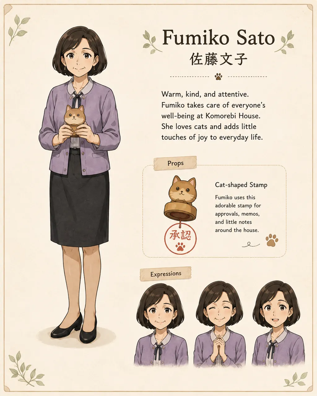 Fumiko Sato — short dark hair, lavender cardigan and dark skirt, event folder and a cat-shaped stamp.