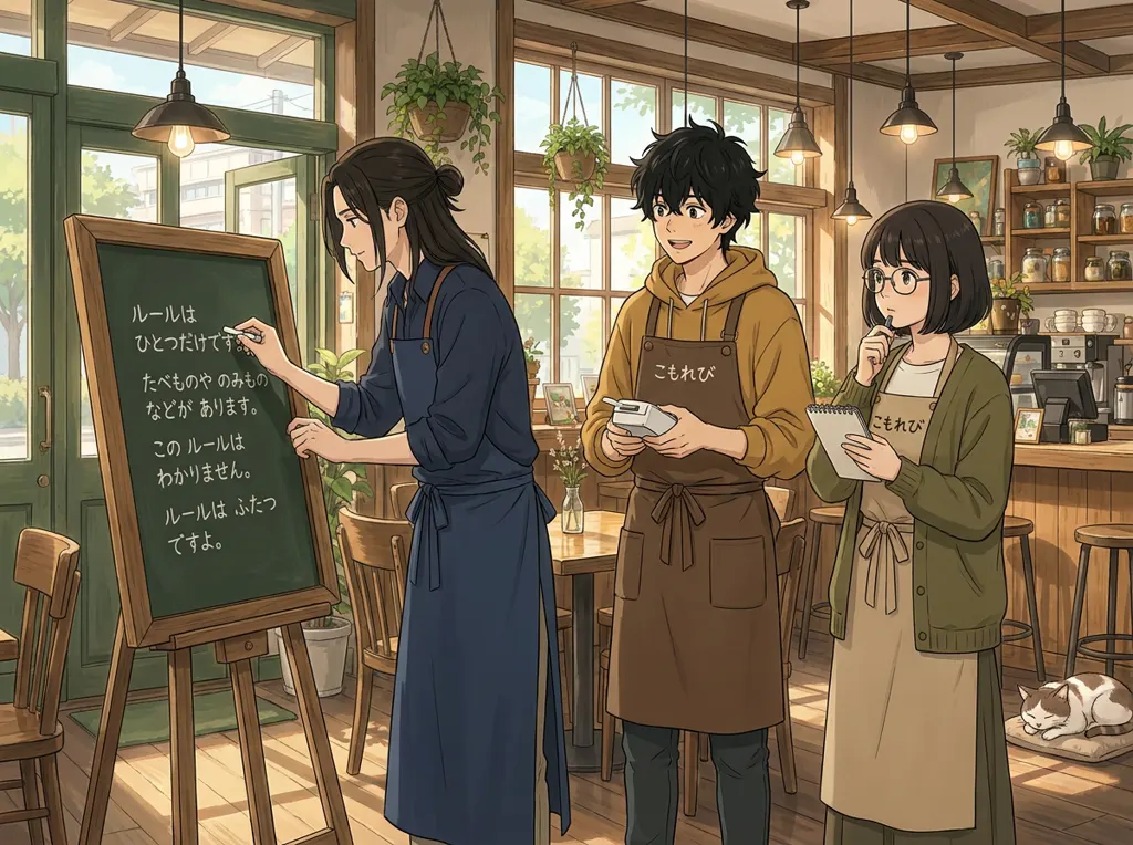 Illustration of the staff board at Komorebi House: Haru Kondo and Ren Nakamura and Aki Mori. Haru writes the first Open Day rules.