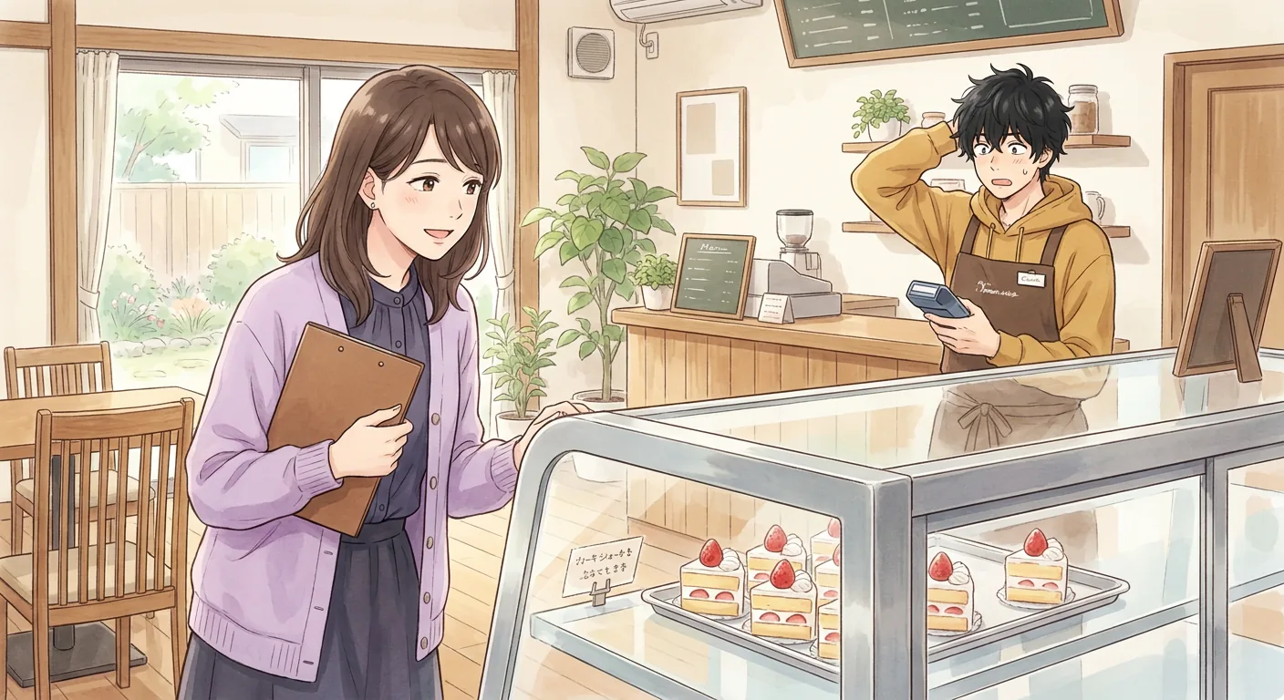 Inside Komorebi House café, Sato stands behind the counter, holding a coffee pot. He smiles warmly as he talks to someone just out of frame.