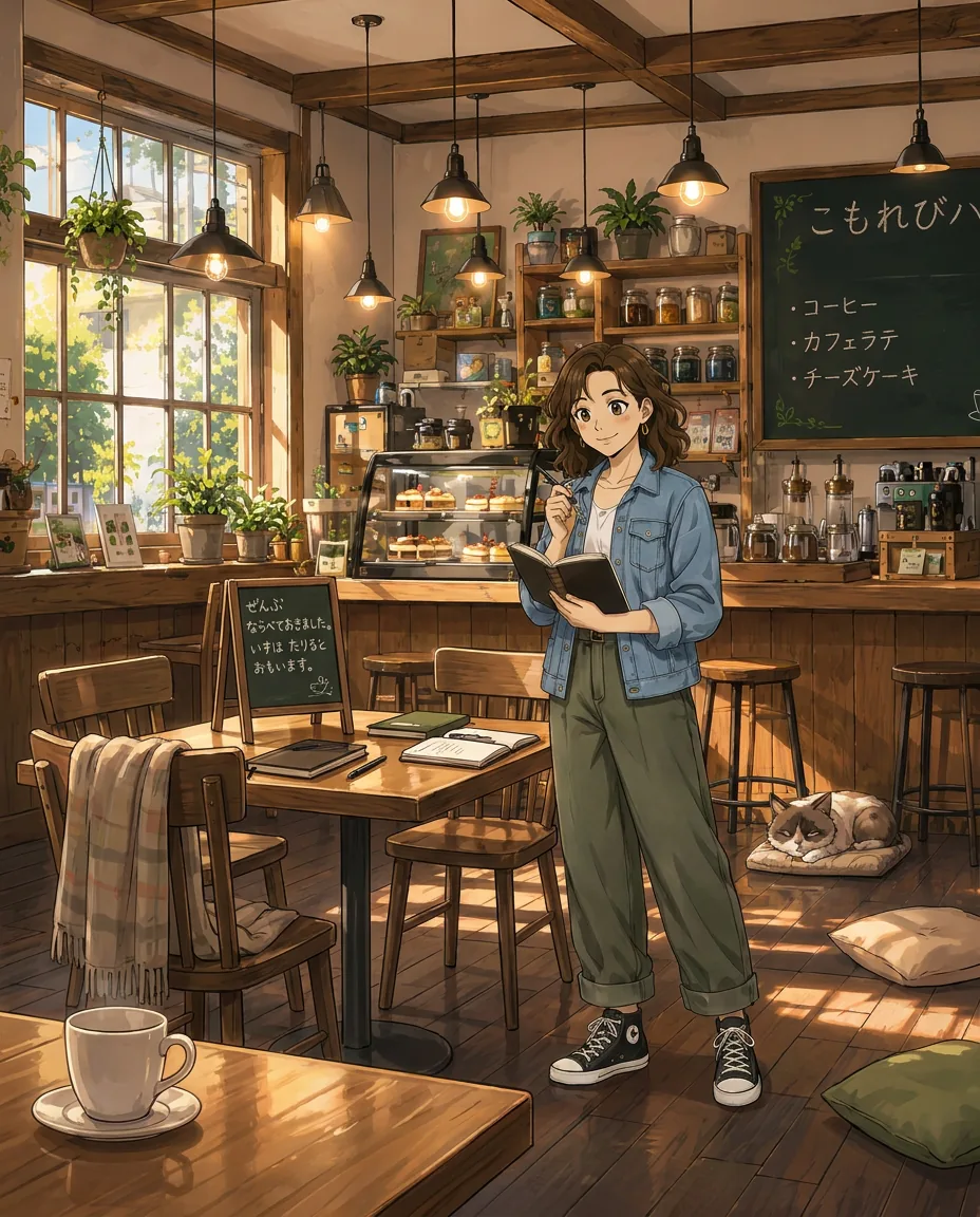 Maya smiles as she happily circles a date on a wall calendar in the sunlit café.
