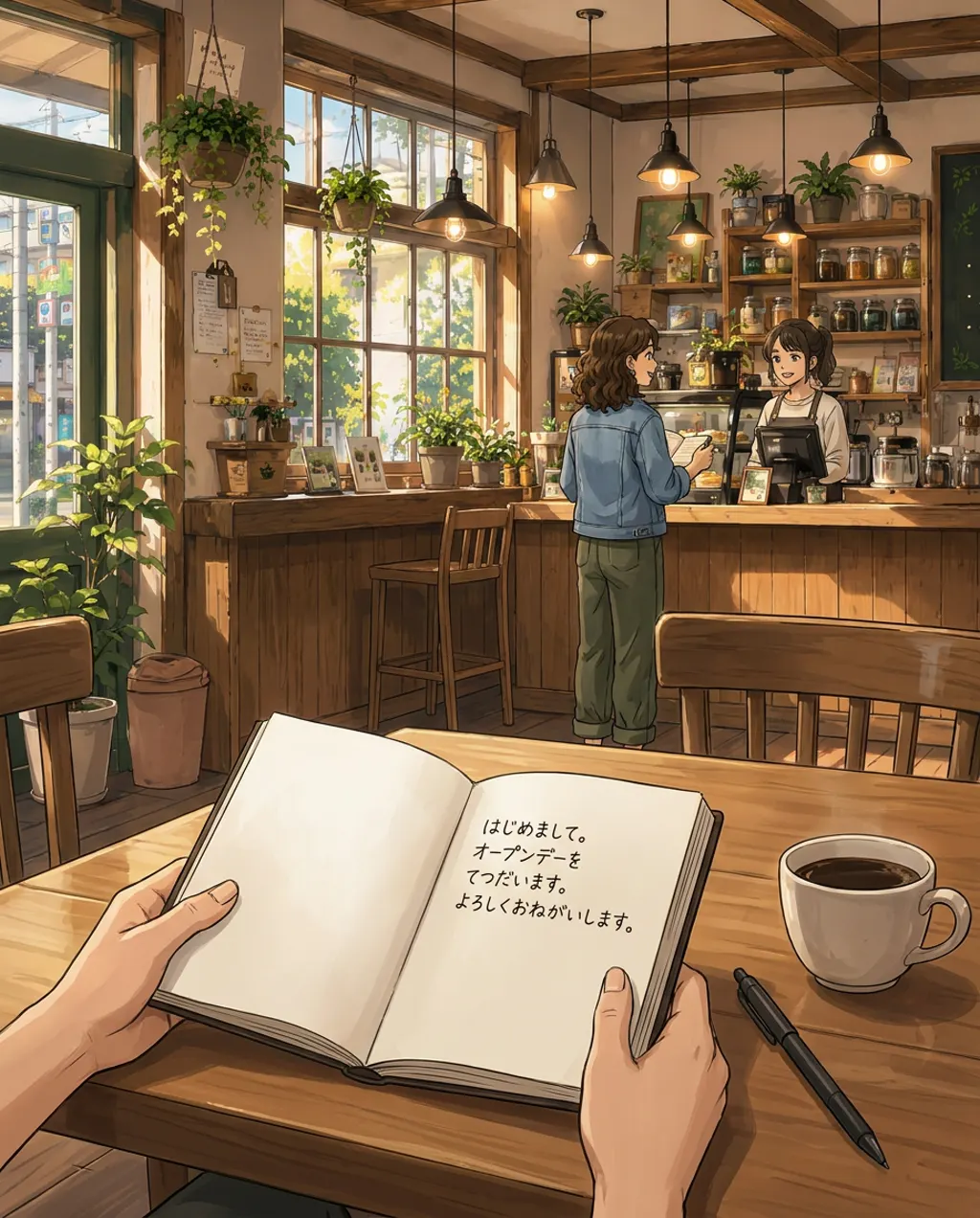 Illustration of Komorebi House café: the room, empty, seen over your shoulder. Maya's notebook is established as a running callback.