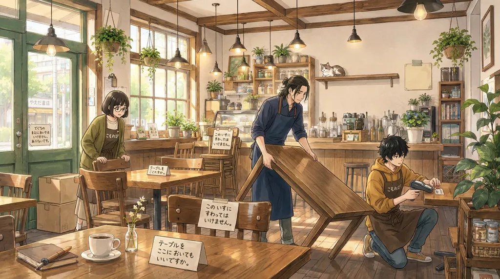 Illustration of the doorway of Komorebi House: Aki Mori and Haru Kondo and Ren Nakamura. The group rearranges Komorebi for the event.