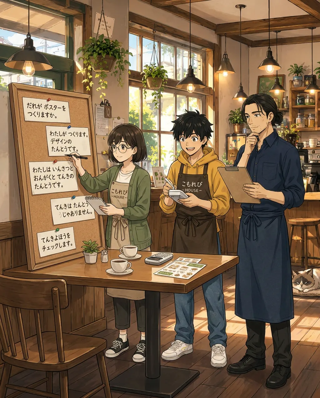 Illustration of the staff board at Komorebi House: Aki Mori and Ren Nakamura and Haru Kondo. Aki turns the Open Day plan into a responsibility board.