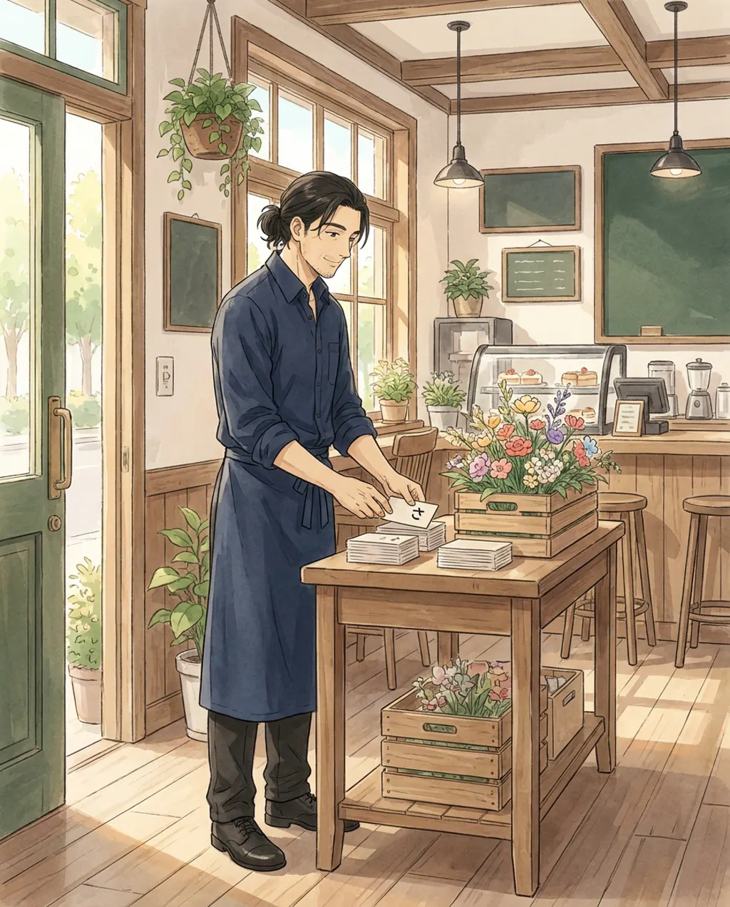 Illustration of Komorebi House café: Haru Kondo. Haru brings the flower delivery in through the side door and starts sorting the little cards by their first character, the way she does every Thursday.