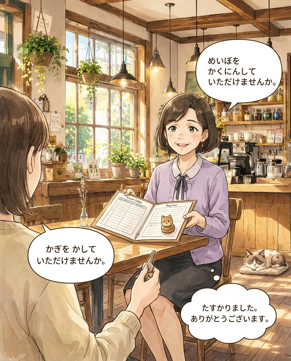 Seen over your shoulder, you face Sato, who is holding a register book and looking at you expectantly.