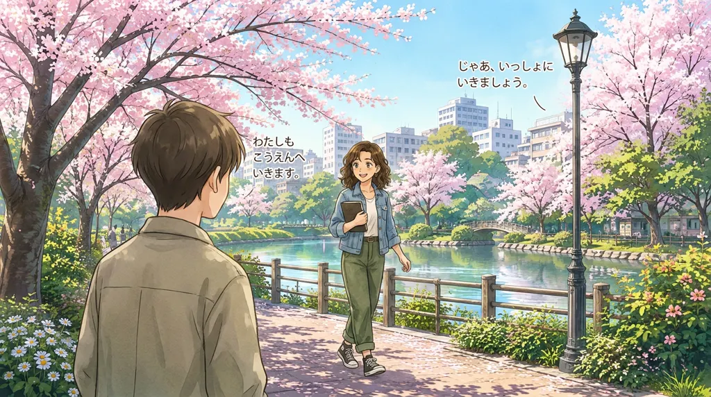 Illustration of the park path: Maya waits under the blossom by the water while you set off toward the park with her.
