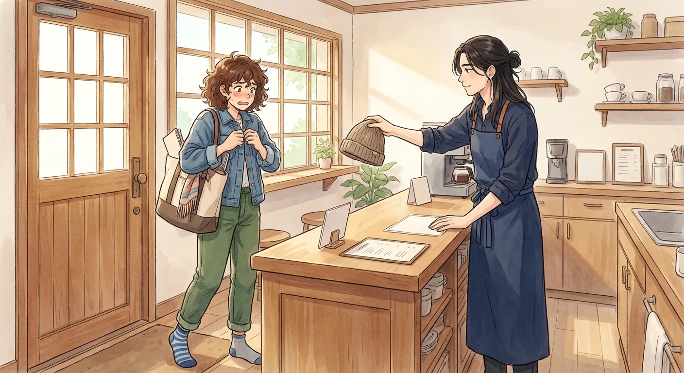 Inside the café, Maya is shrugging off her jacket, her handbag resting on a nearby chair.