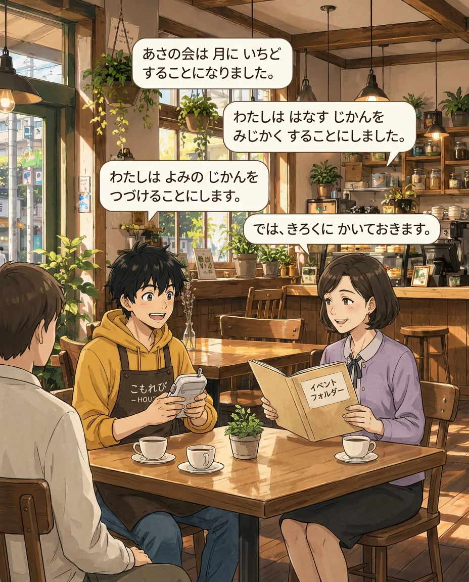 From your perspective, you are in a discussion with Ren and Sato, who are listening intently to your opinion.