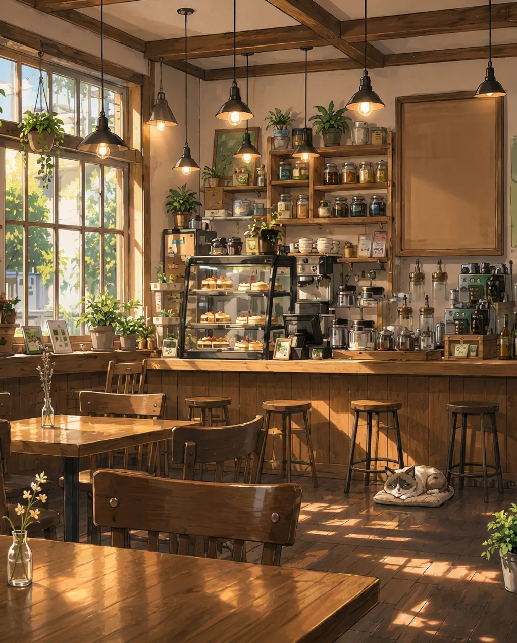 Illustration of Komorebi House café: the room, empty. The week's routines are written down where Ren can see them.