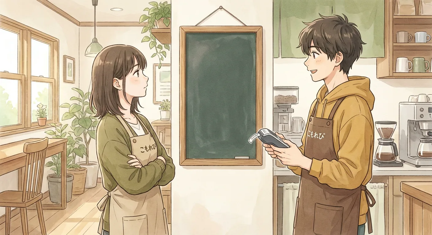 Aki sits at a table in Komorebi House café, looking down at her phone with a worried expression. She seems to be pointing at the screen, as if showing it to someone sitting opposite her.