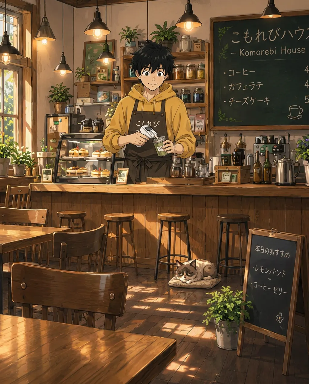 Illustration of Komorebi House café: Ren Nakamura. Someone has relabelled the tea tins. Every tin now says something confident, and two of them say the wrong thing entirely.