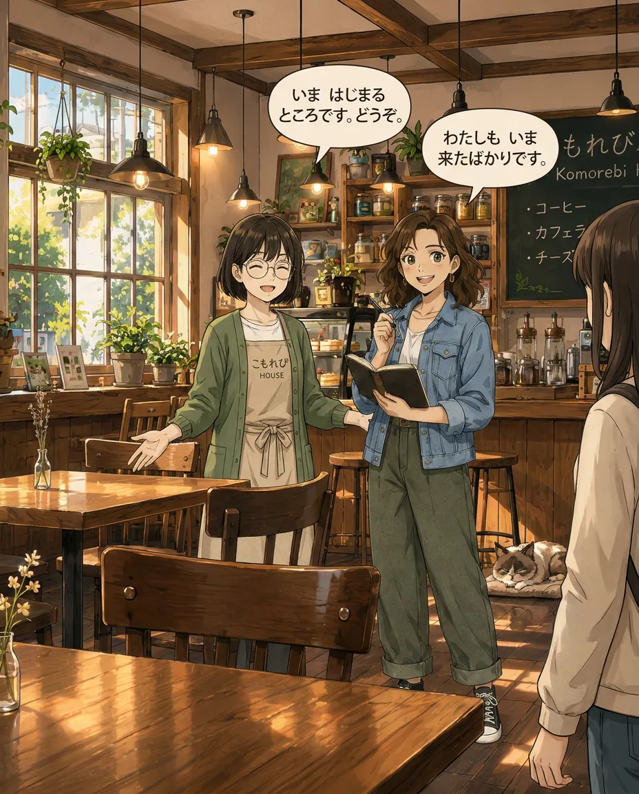 Seen over your shoulder as you enter, Aki is about to start the session, and Maya gives you a welcoming smile.