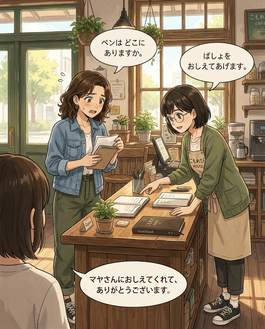 Seen over your shoulder, Maya looks flustered behind the sign-in desk as Aki stands beside her, gesturing helpfully.