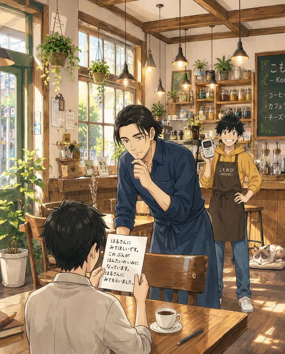 Seen over your shoulder, you hold a document out to Haru, who stands behind the café counter.