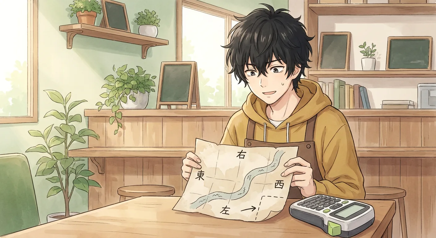 Ren stands behind the counter at the Komorebi House café, pointing as if to give directions.