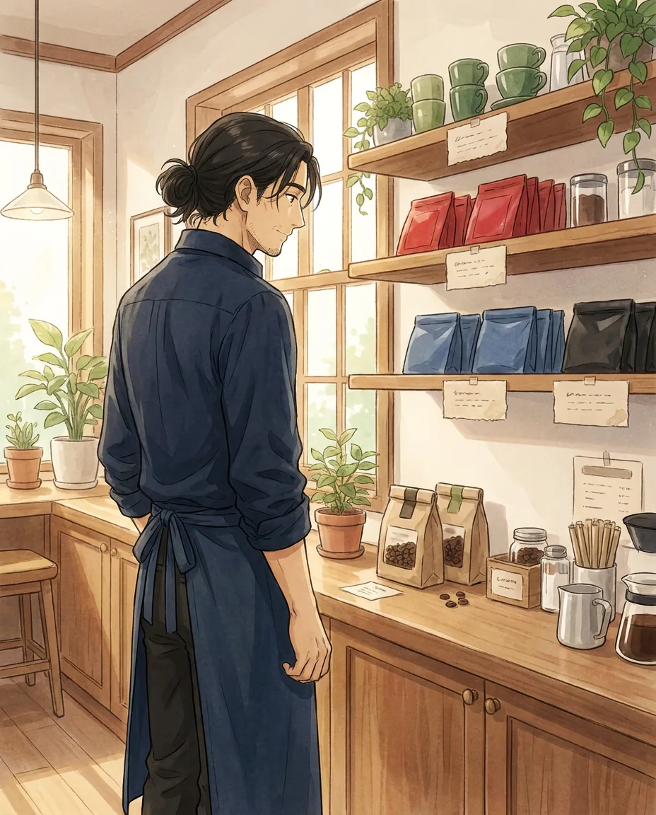 Haru sits at a table by the window, focused on the watercolour painting he's working on in a sketchbook.
