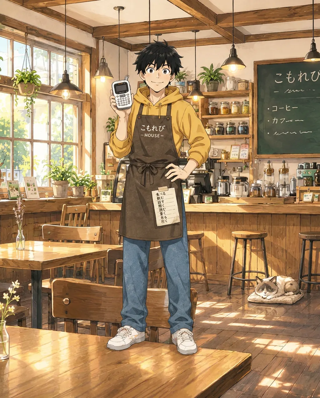 Illustration of Komorebi House café: Ren Nakamura. Ren keeps a notecard in his apron pocket with a column of verbs on it, written in their bare form, the way a dictionary would list them.