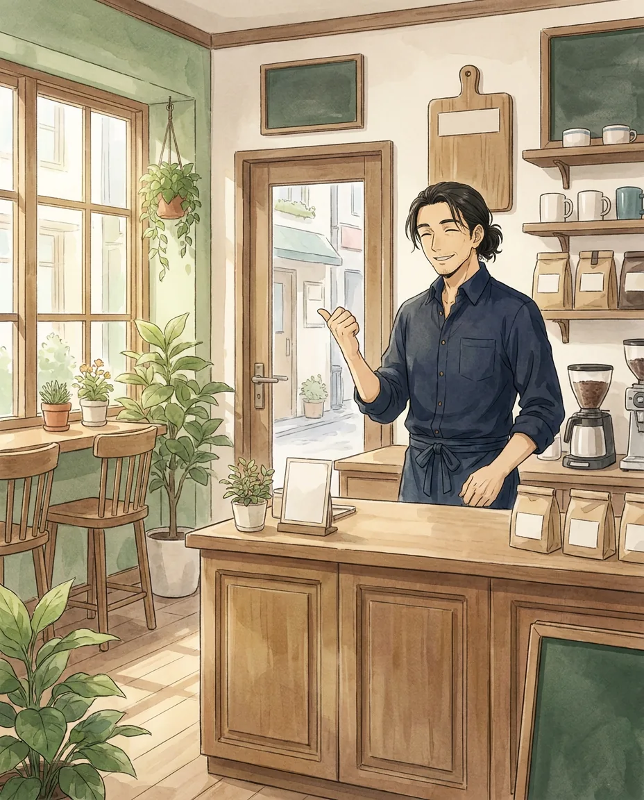 Haru leans over a table at the café, closely studying what looks like a floor plan on a tablet.