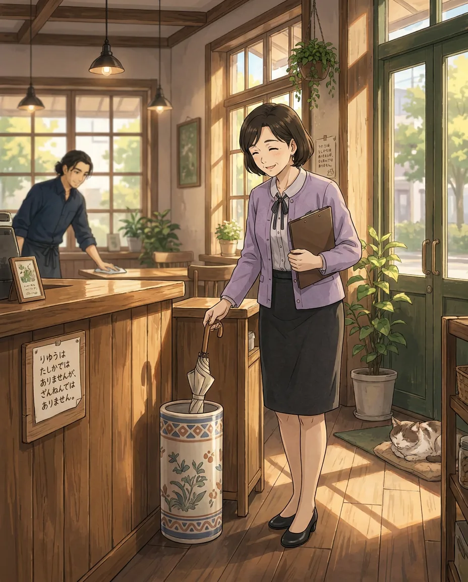 Sato stands by the door next to a stand full of wet umbrellas, shrugging with a bemused smile.