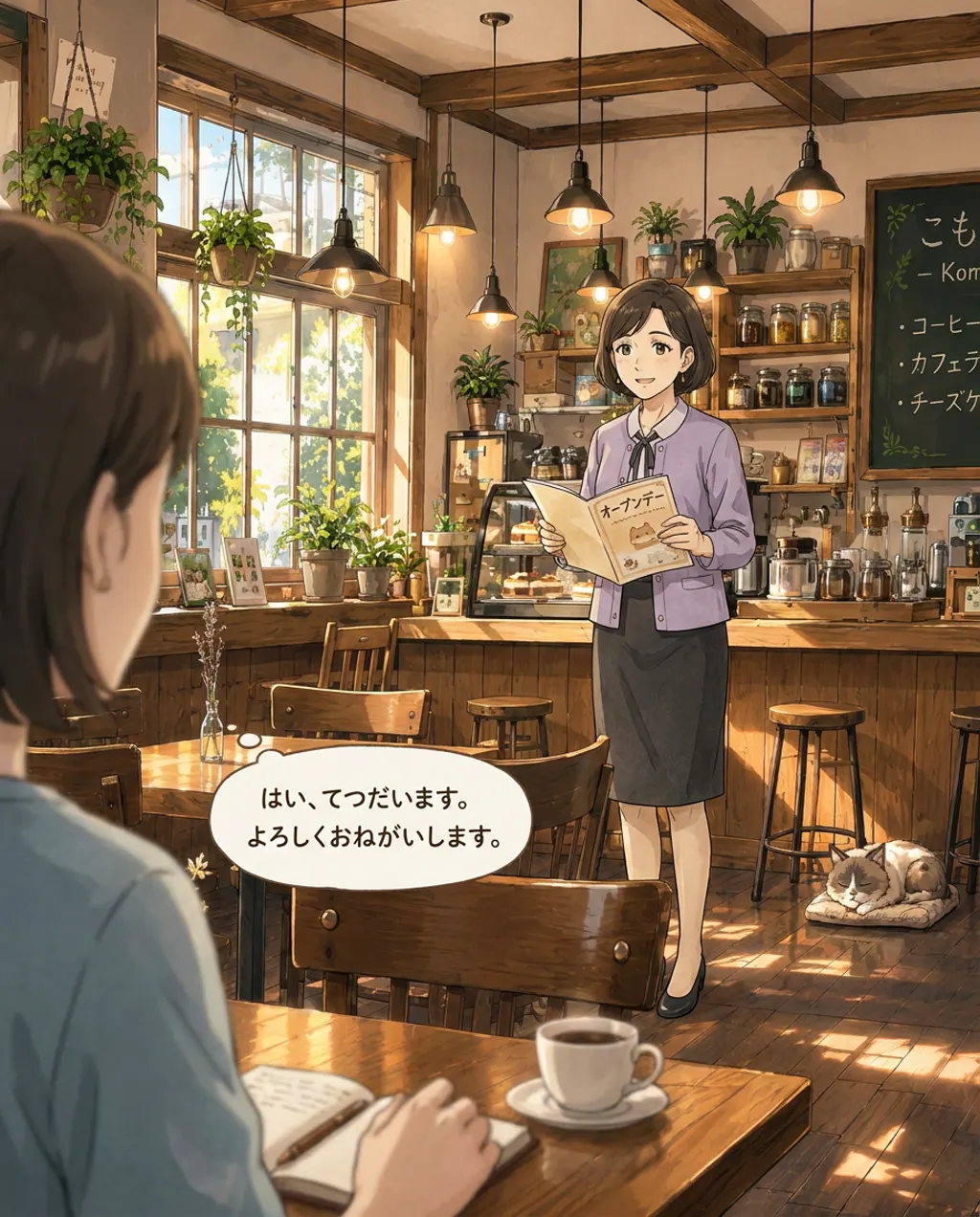 Seen from your perspective, Sato and Maya are looking directly at you. Sato has a hopeful expression, and Maya smiles encouragingly as they speak.