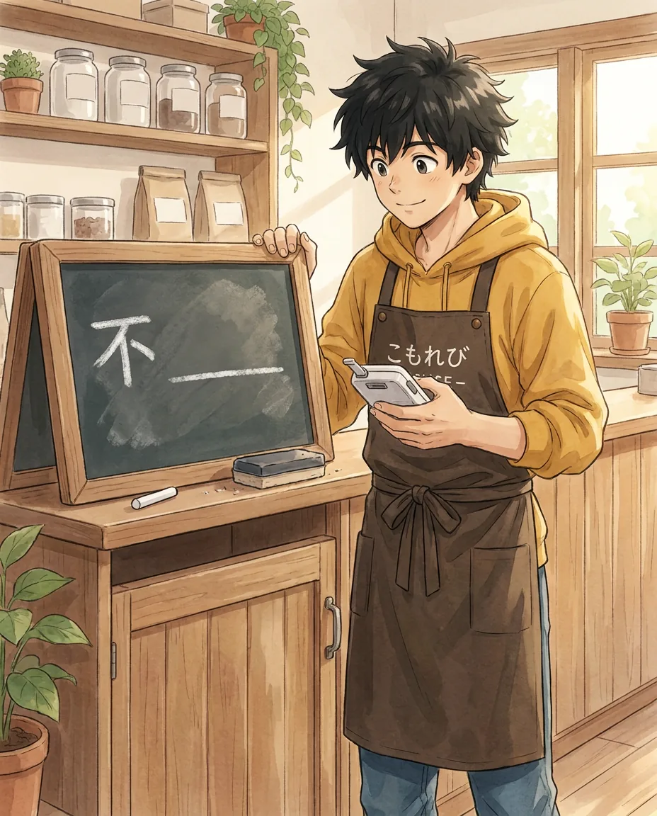 Sitting at his table in the café, Ren is closing his laptop with a satisfied expression, as if he's just finished his work.