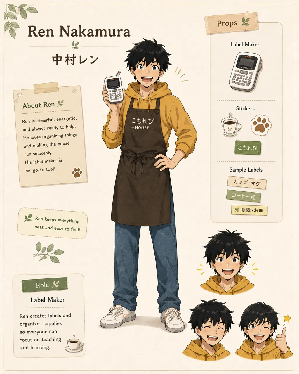 Ren Nakamura — messy black hair, mustard hoodie under a brown Komorebi apron, label maker in hand.