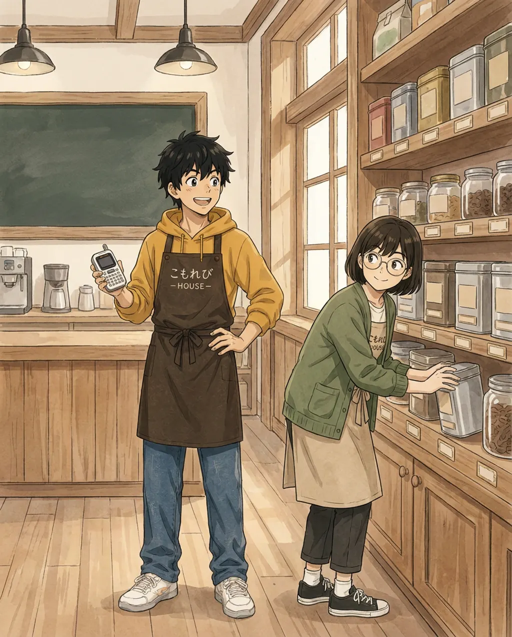 Illustration of Komorebi House café: Ren Nakamura. Every shelf label finally matches its shelf. Ren stands back to admire the wall; Aki quietly turns one tin around before he notices.