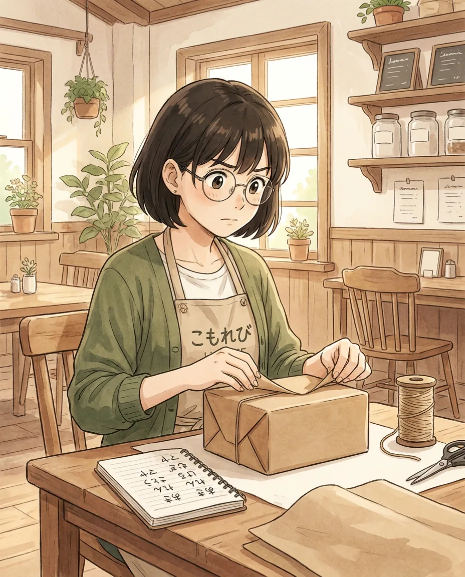 Aki smiles warmly as she presents a beautifully wrapped gift to someone sitting across the table.