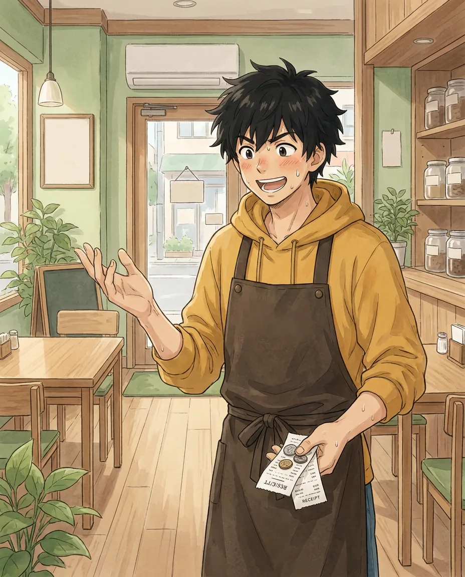 Ren proudly places a plate with a perfectly cooked omelet onto the café counter.