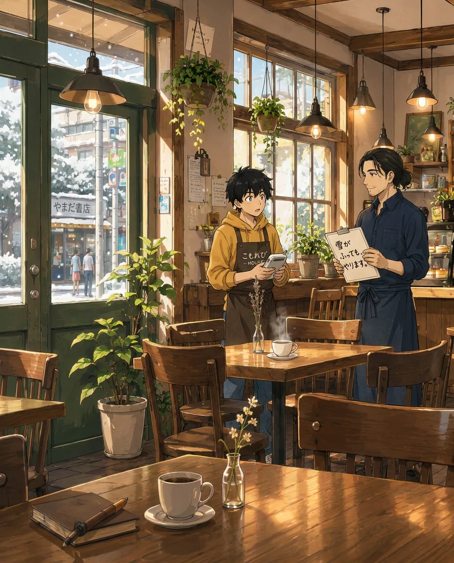 Inside the warm café, Ren and Haru are looking at a phone screen together with concerned expressions.