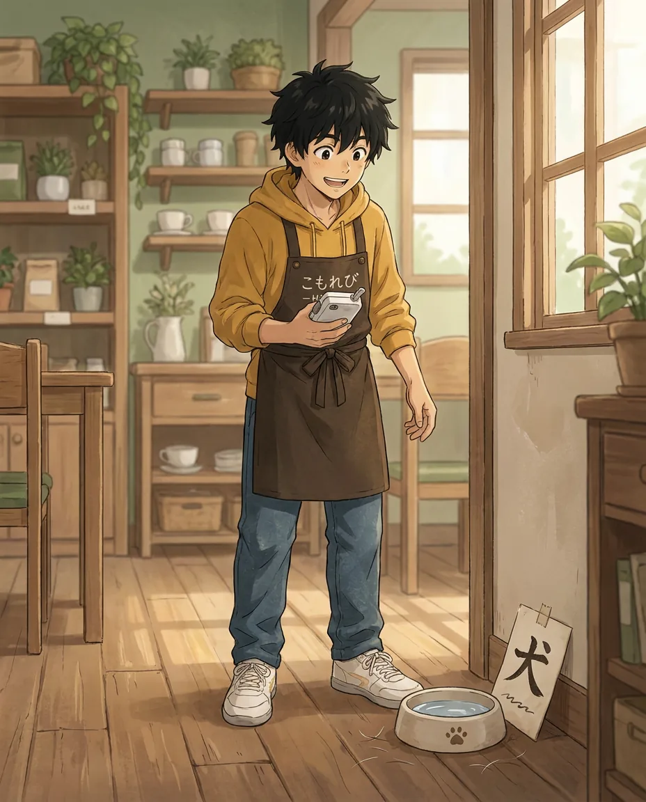 In the café, Ren sits on the floor, gently petting Mugi the cat, who is curled up contentedly in a patch of sunlight.