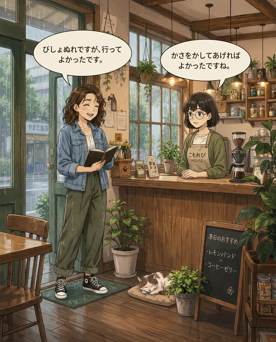 Soaking wet but smiling, Maya stands in the café doorway holding a package, as Aki looks on with relief.