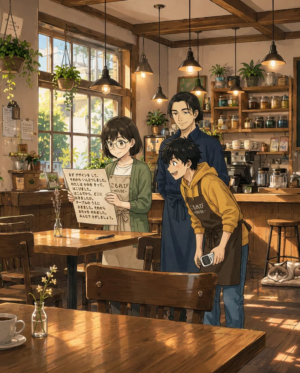 Illustration of the staff board at Komorebi House: Aki Mori and Ren Nakamura and Haru Kondo. Aki finishes the corrected poster with the right date on it.