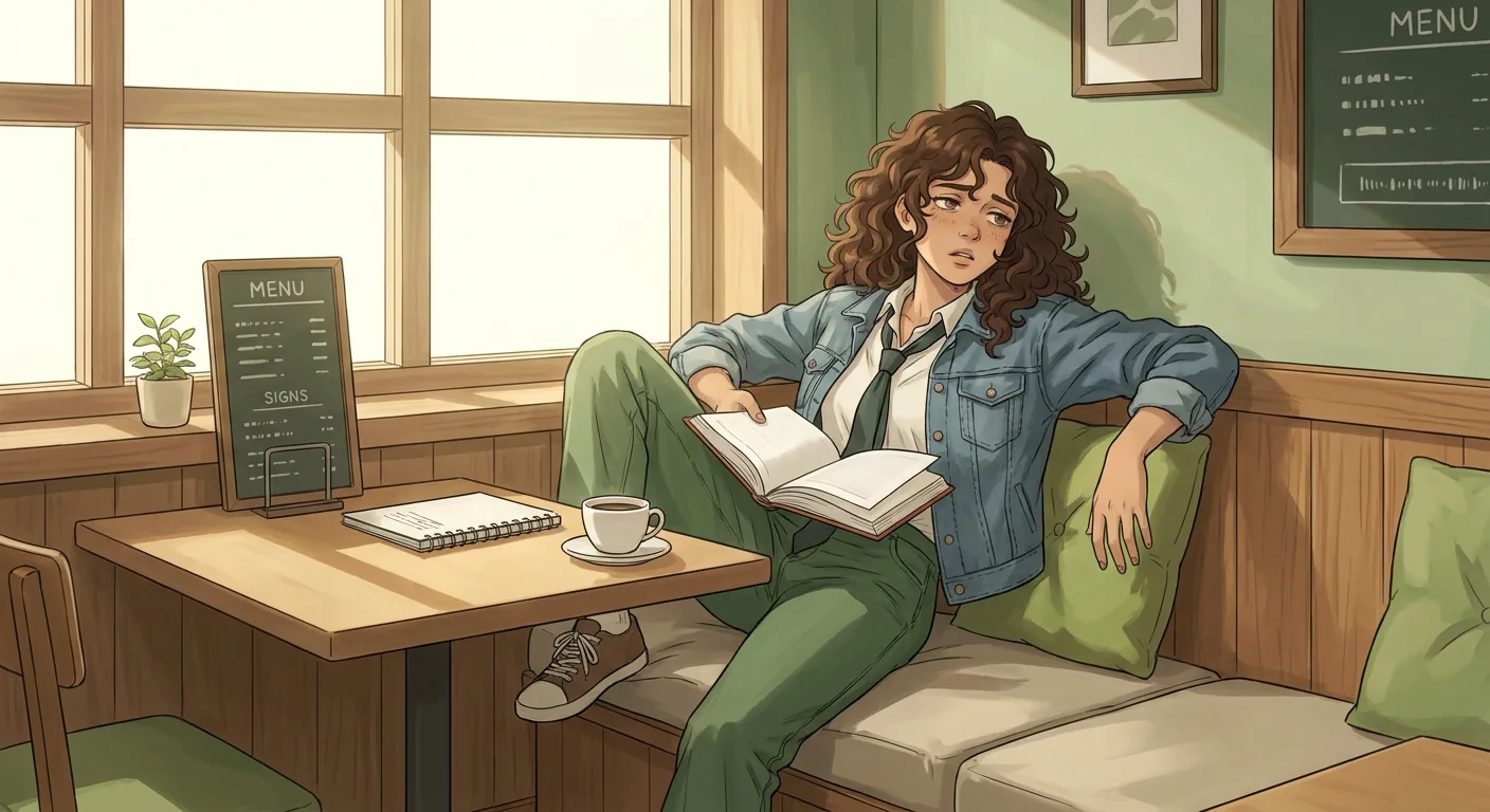 Maya sits at a large table in the café, surrounded by textbooks and highlighters, focused on her studies.