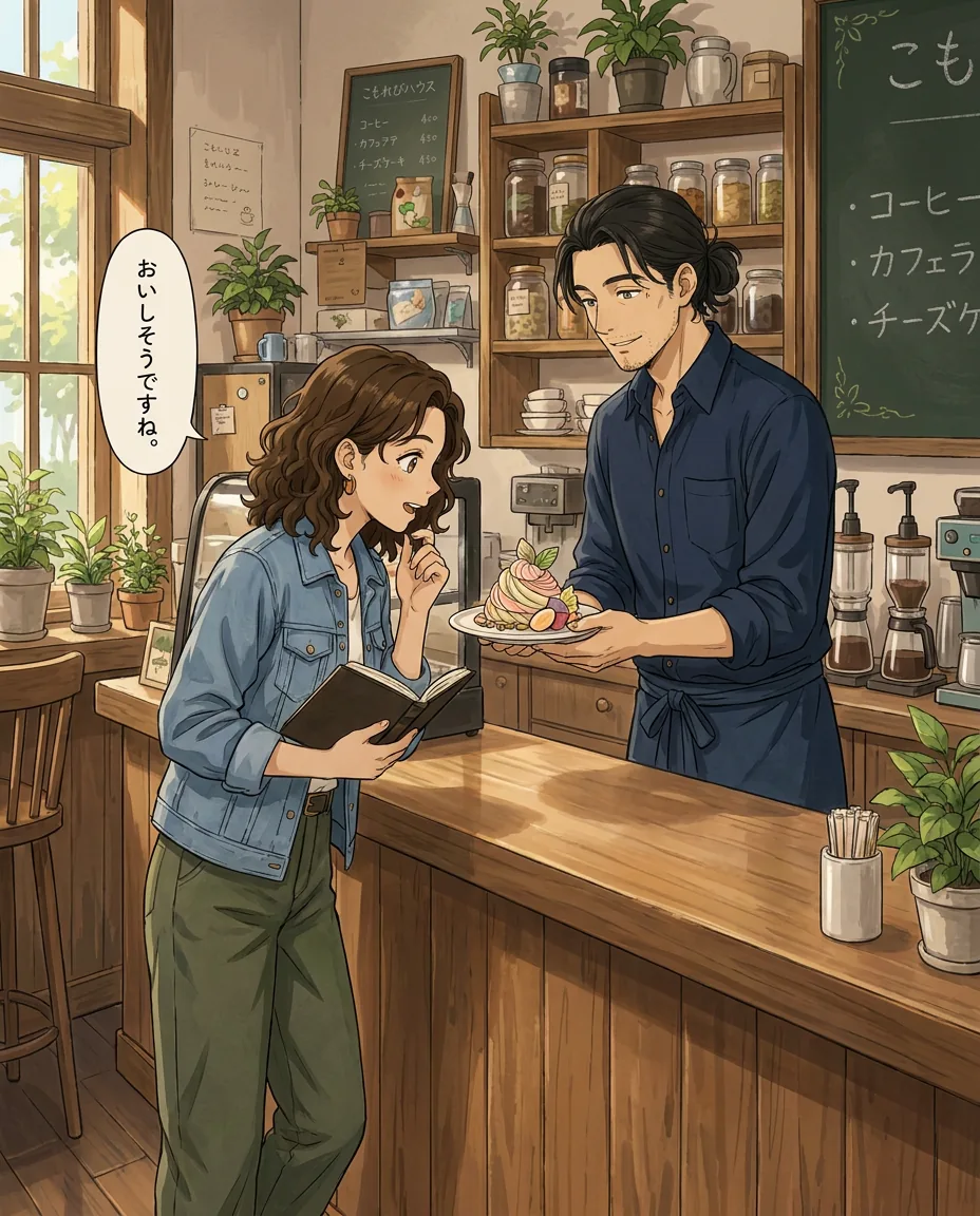 Haru presents a beautiful pastry on a plate to Maya, who looks down at it with wide, appreciative eyes.