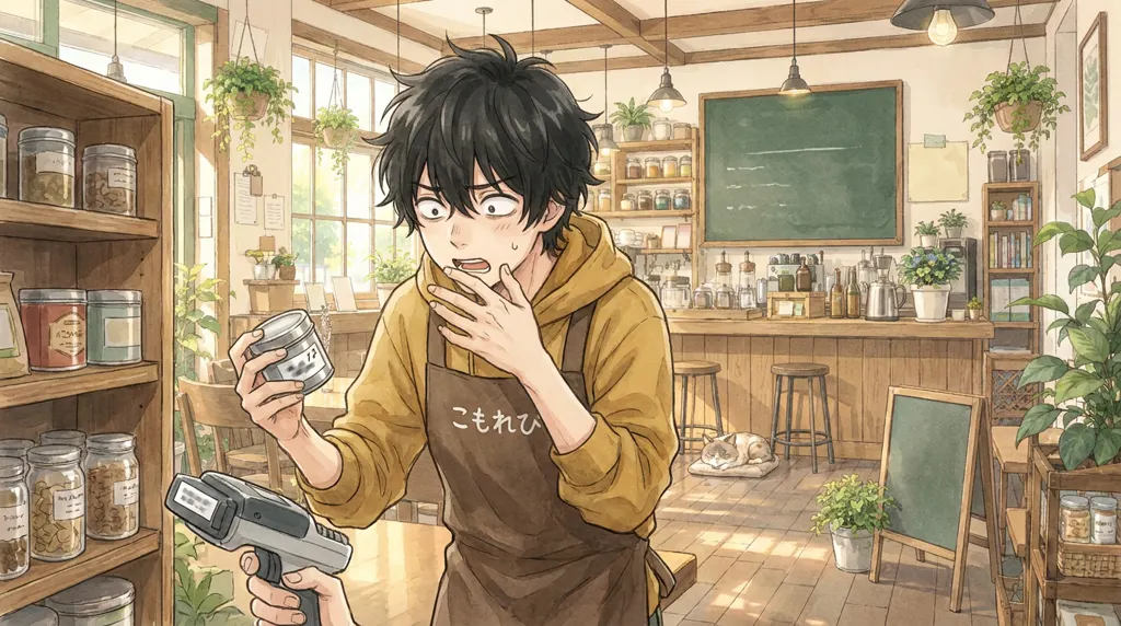 Illustration of Komorebi House café: Ren Nakamura. Two small marks, top right of a character, and the word on the tin becomes a different word. Ren discovers this at the worst possible moment.