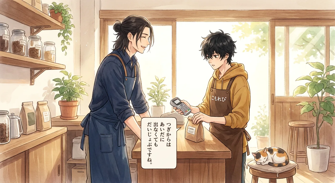 Haru happily froths milk behind the counter, with several new cartons of milk lined up next to him.