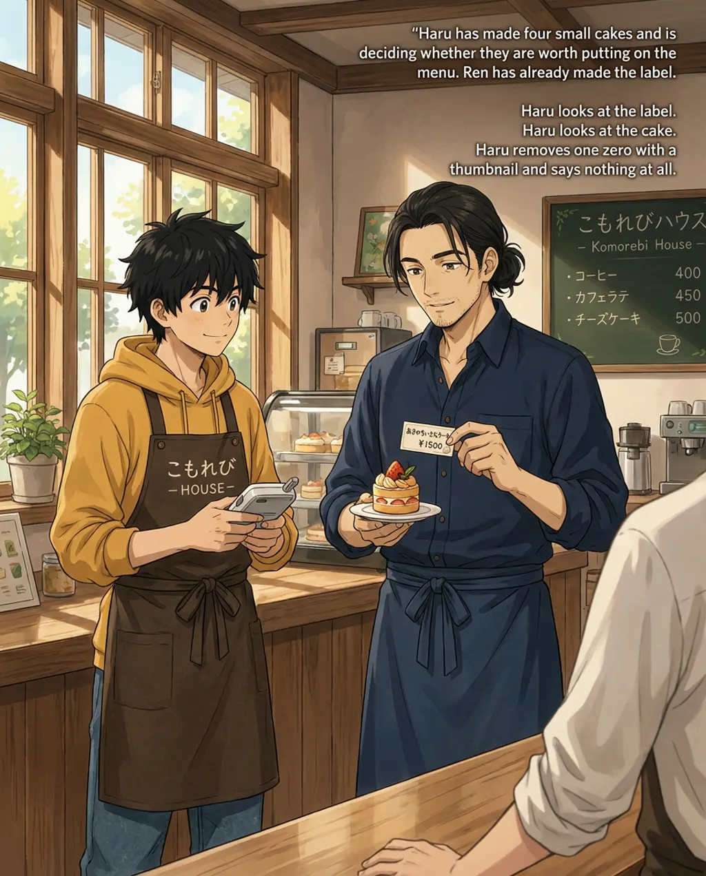 Seen over your shoulder, Haru sits at the counter, tasting a small, decorative cake with a fork. Behind the counter, Ren watches with a slight smile.