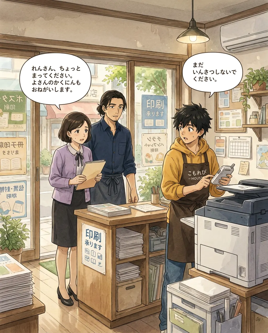 Illustration of the print shop: Fumiko Sato and Haru Kondo, seen over your shoulder. Ren prepares to reprint all two hundred posters.