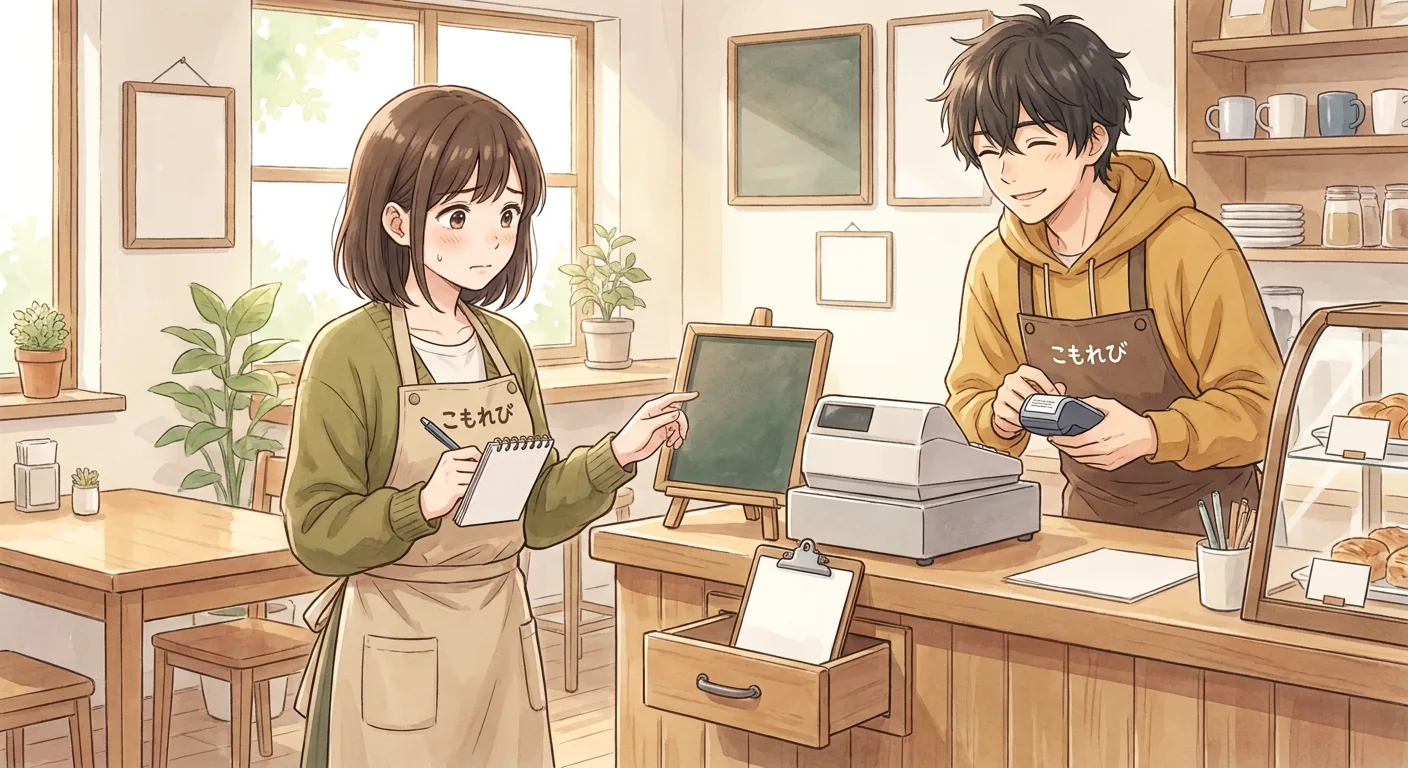 In the warm light of the café, Aki is writing in a journal with a look of concentration on her face.